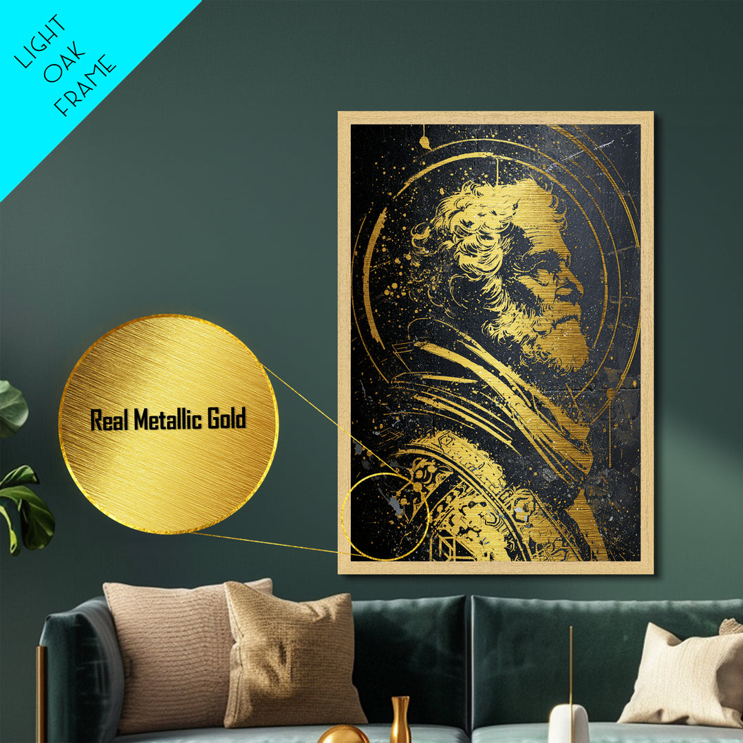 Stoic Elder Portrait Metallic Gold Metal Print, Greek Philosopher Wall Art, Abstract Ancient Decor, Real Wood Frame