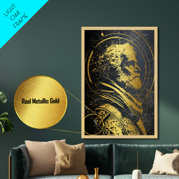 Stoic Elder Portrait Metallic Gold Metal Print, Greek Philosopher Wall Art, Abstract Ancient Decor, Real Wood Frame