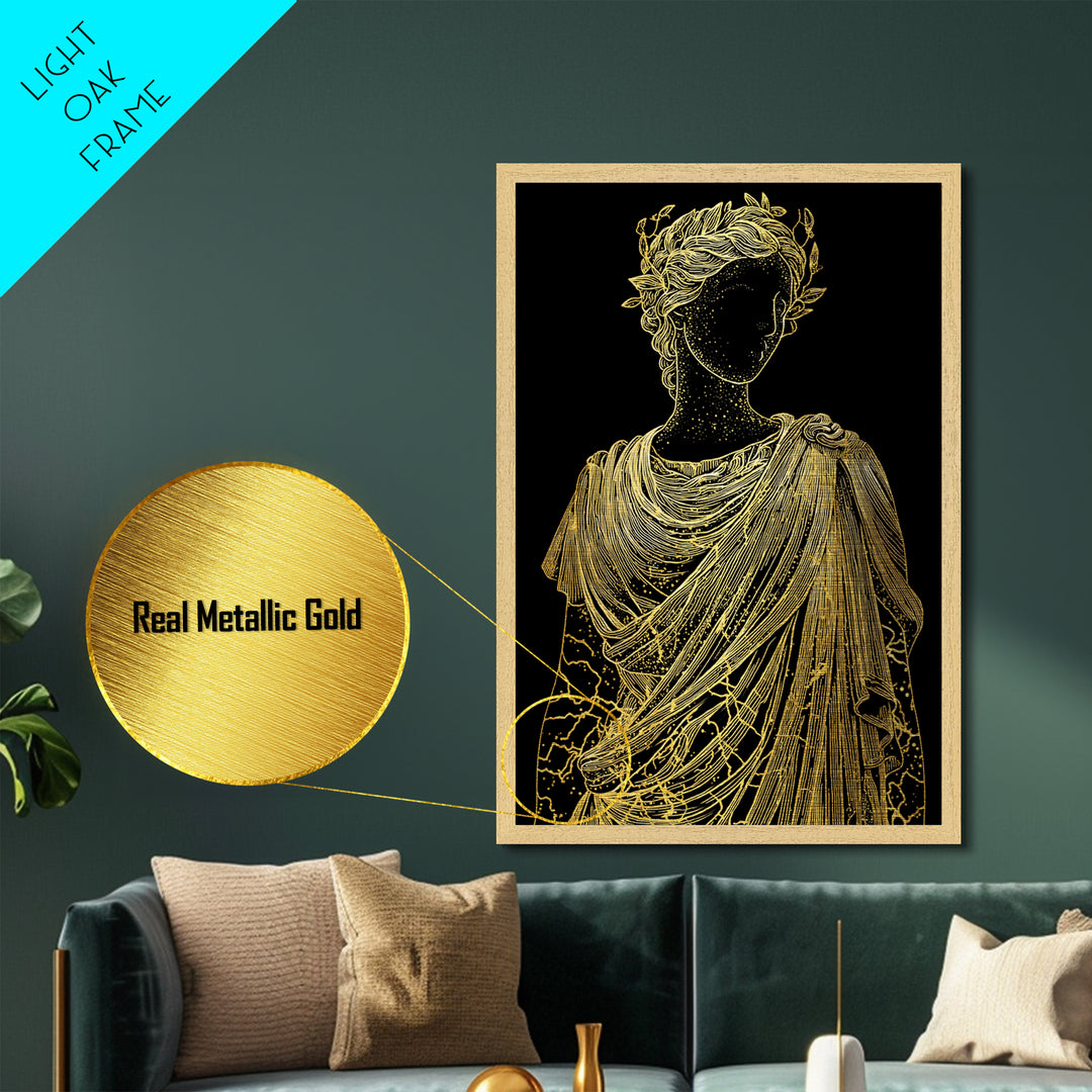 Divine Goddess Bust Metallic Gold Metal Print, Ethereal Greek Statue Art, Elegant Classical Wall Decor, Real Wood Frame