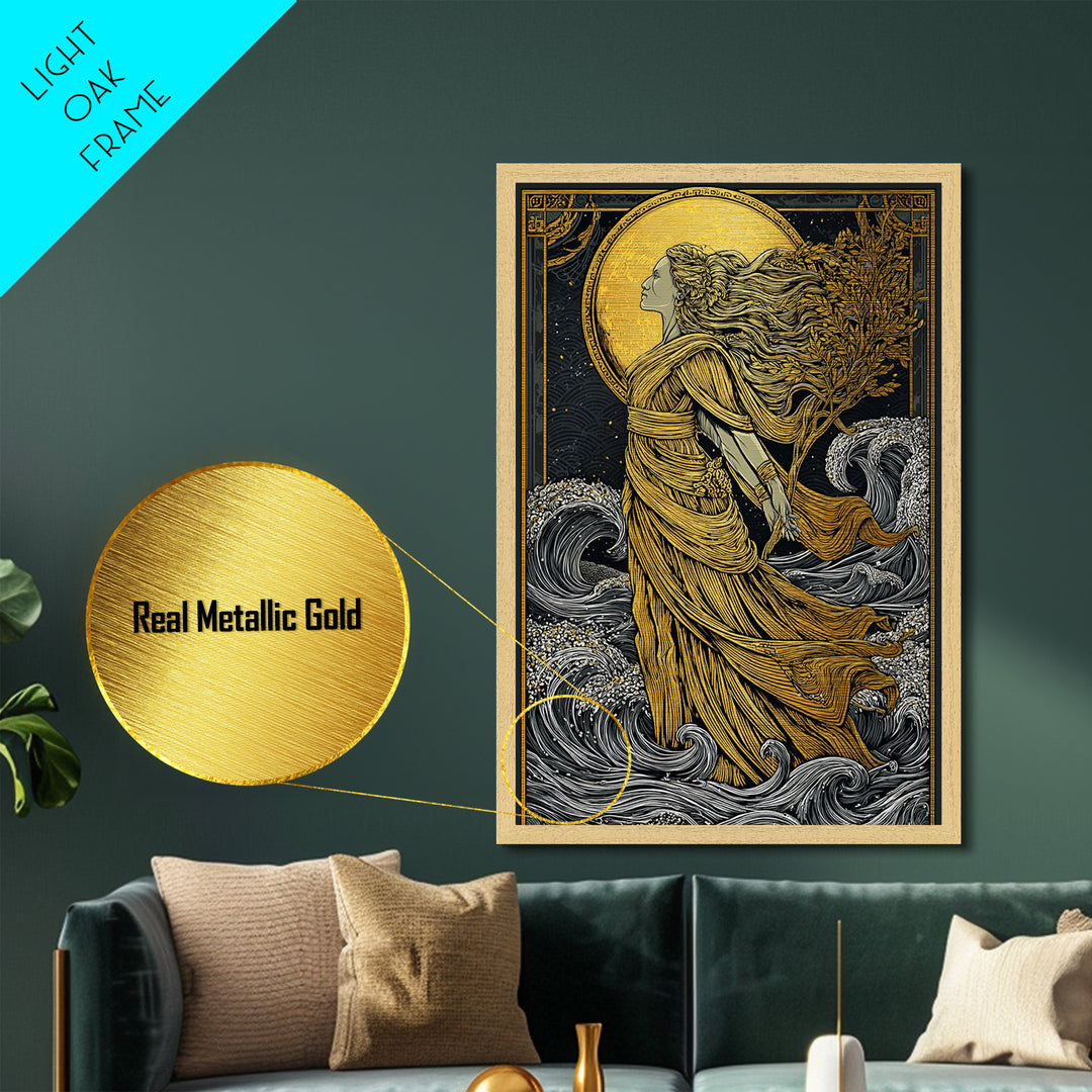 Moonlit Goddess Metallic Gold Metal Print, Flowing Mythology Wall Art, Timeless Greek Fantasy Decor, Real Wood Frame