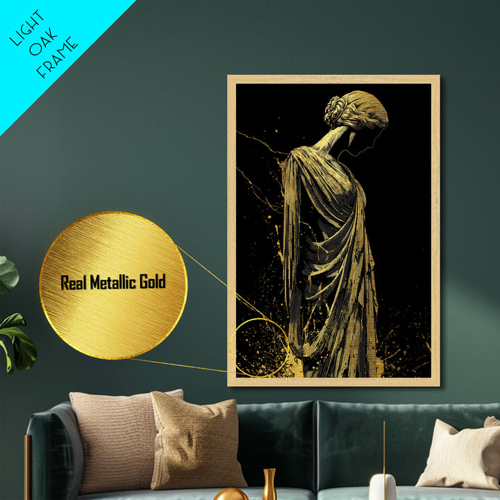 Grecian Muse Silhouette Metallic Gold Metal Print, Elegant Greek Goddess Art, Minimalist Luxury Wall Decor, Real Wood Frame