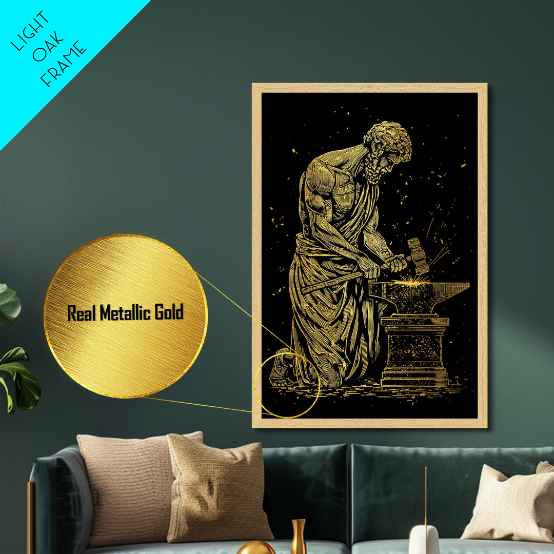 Hephaestus At Forge Metallic Gold Metal Print, Greek God Blacksmith Art, Strong Mythology Wall Decor, Real Wood Frame