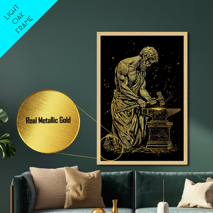 Hephaestus At Forge Metallic Gold Metal Print, Greek God Blacksmith Art, Strong Mythology Wall Decor, Real Wood Frame