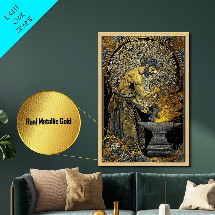 Mythical Forge Master Metallic Gold Metal Print, Ancient Greek Hephaestus Art, Dramatic Mythology Wall Decor, Real Wood Frame