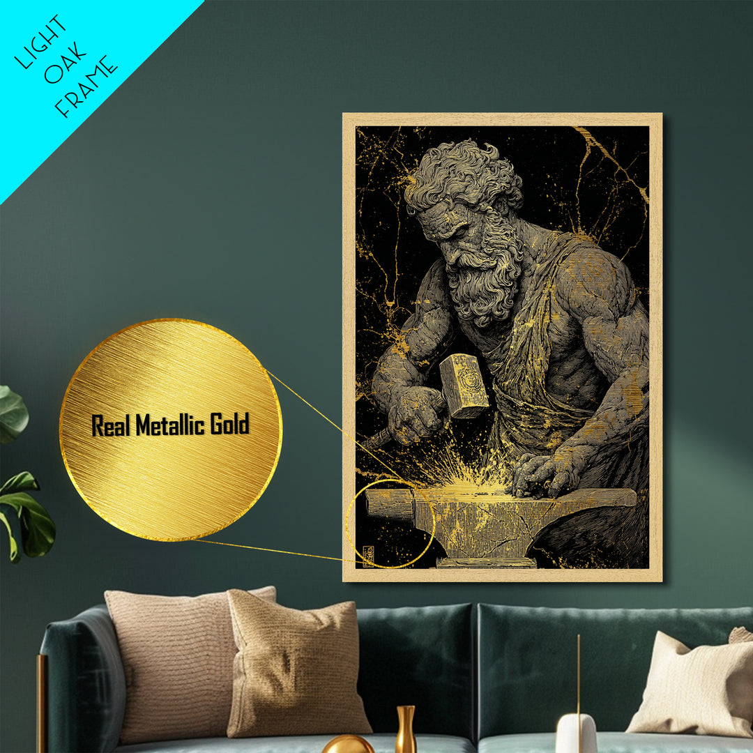 Greek God At Anvil Metallic Gold Metal Print, Mythological Hephaestus Art, Classic Blacksmith Wall Decor, Real Wood Frame