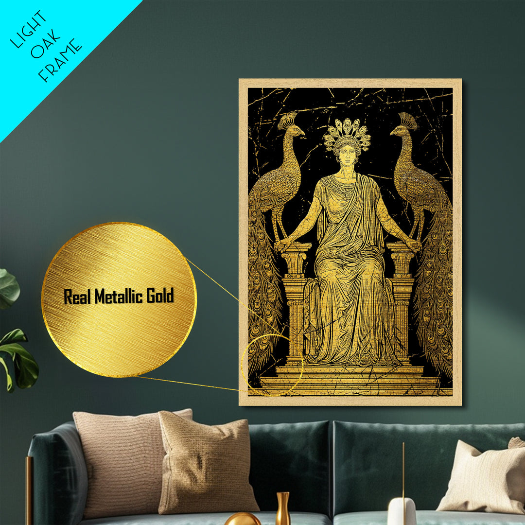 Greek Goddess Hera With Peacocks Metallic Gold Metal Print, Mythology Wall Art, Luxury Wood Framed Art Decor
