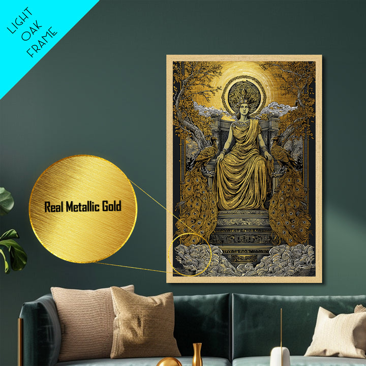 Divine Queen Hera Metallic Gold Metal Print, Greek Goddess Wall Art, Regal Mythology Decor, Real Wood Frame Artwork