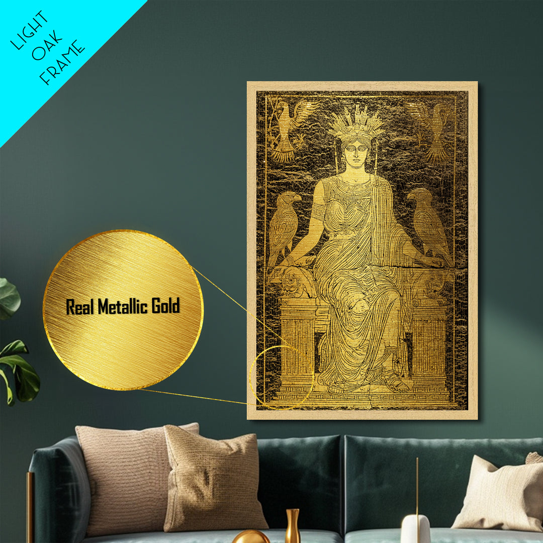 Ancient Goddess Hera Mosaic Metallic Gold Metal Print, Mythology Inspired Art, Regal Home Decor, Wood Framed Wall Art