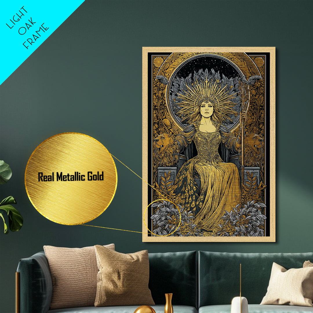 Greek Goddess Hera Throne Metallic Gold Metal Print, Mythology Wall Art, Divine Regal Decor, Real Wood Frame Artwork