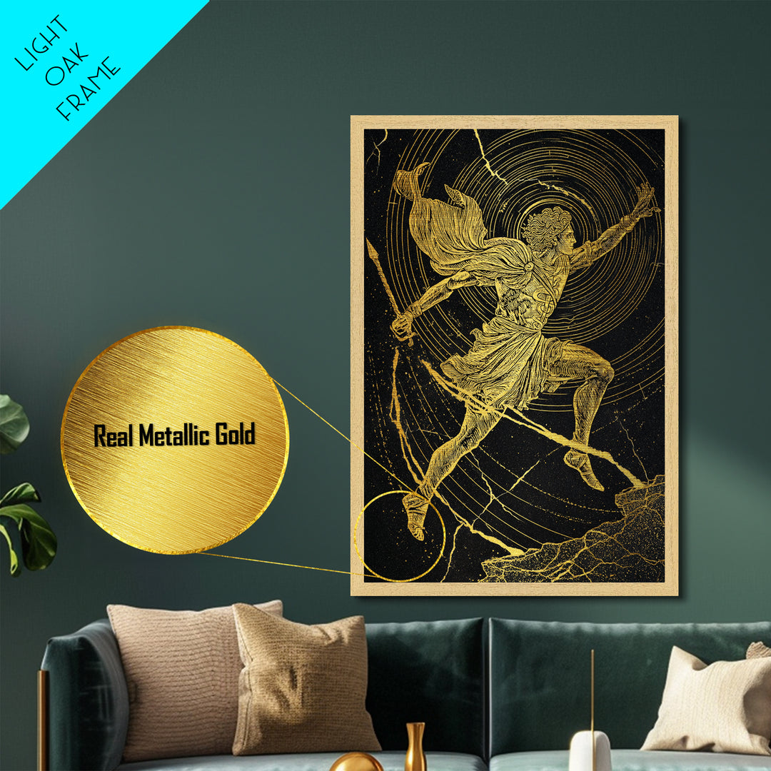Hermes Running With Caduceus Metallic Gold Metal Print, Greek God Art, Mythology Wall Decor, Luxury Wood Framed Print