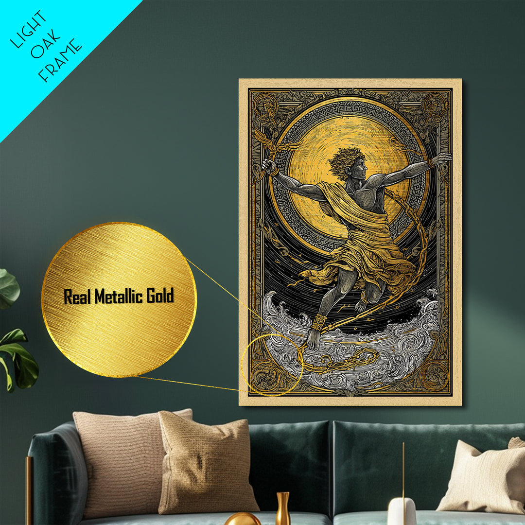 Messenger God Hermes Metallic Gold Metal Print, Ancient Mythology Art, Greek God Wall Decor, Real Wood Frame Artwork