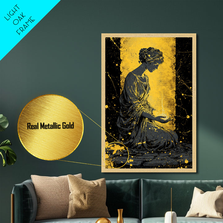 Greek Goddess Hestia With Flame Metallic Gold Metal Print, Ancient Mythology Wall Art, Real Wood Frame Home Decor