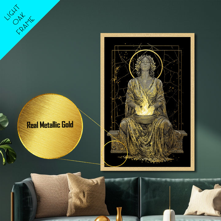 Sacred Flame Hestia Metallic Gold Metal Print, Greek Goddess Wall Art, Ancient Mythology Decor, Luxury Wood Frame Artwork