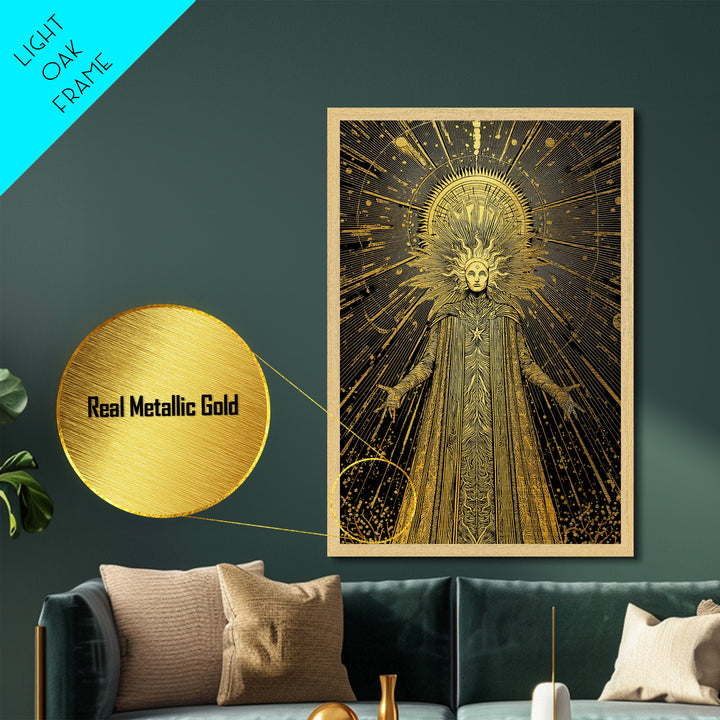 Queen Hera With Crown And Lions, Regal Mythology Goddess, Metallic Gold Metal Print, Greek Art Wall Decor, Real Wood Frame