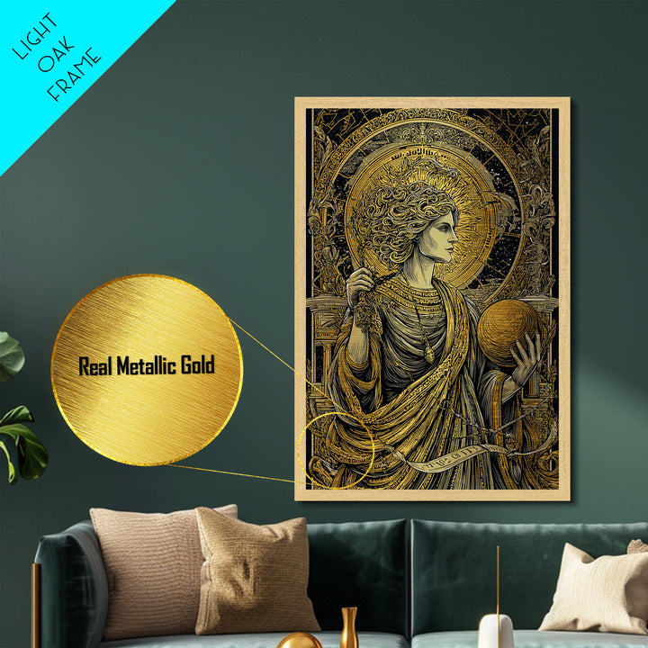 Hermes God Of Travel And Speed, Greek Mythology Art, Metallic Gold Metal Print, Ancient Messenger Decor, Real Wood Frame