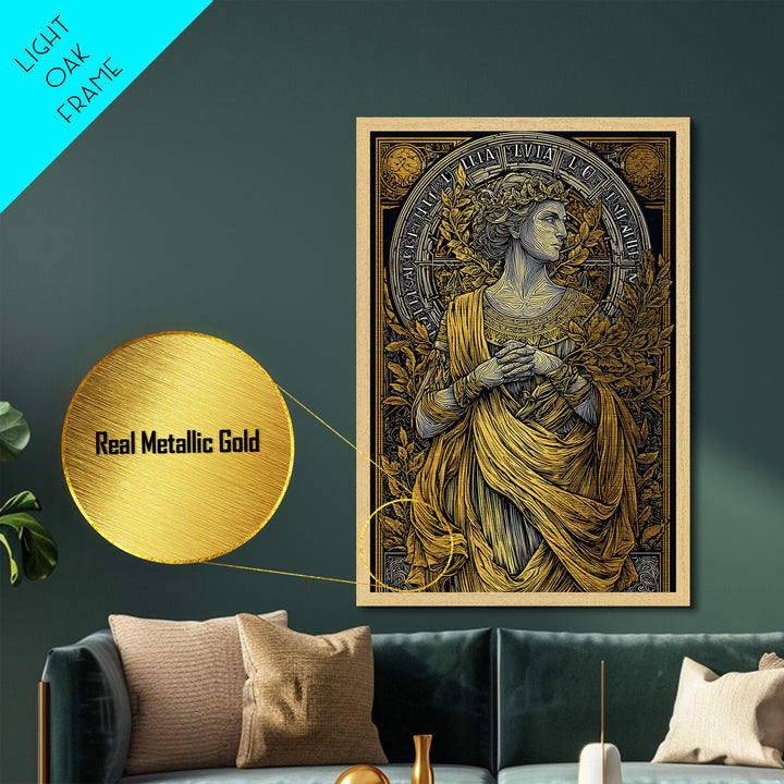 Greek Goddess Hestia With Fire Bowl, Mythology Metallic Gold Metal Print, Ancient Goddess Wall Art, Real Wood Frame