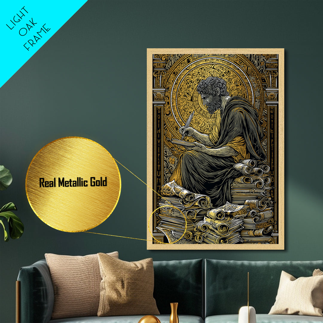 Metallic Gold Metal Print, Ancient Philosopher Writing Art, Greek Scholar Wall Decor, Mythology Artwork, Real Wood Frame