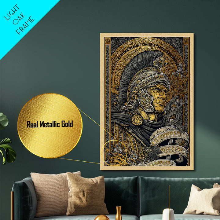 Metallic Gold Metal Print, Warrior Helmet Roman Soldier Art, Ancient Military Wall Decor, Classical Artwork, Real Wood Frame