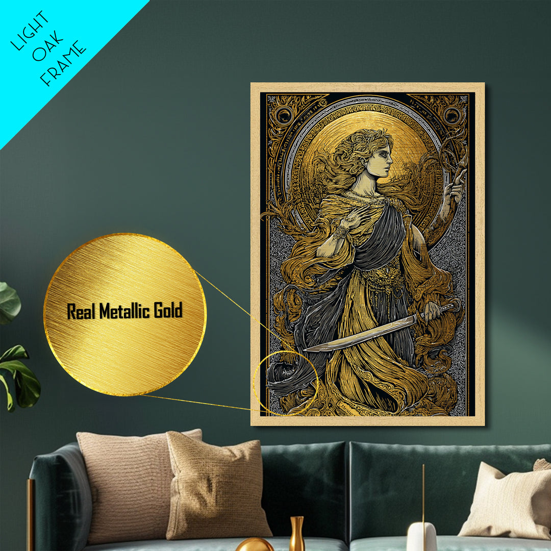 Metallic Gold Metal Print, Mythical Goddess With Sword Art, Ancient Deity Wall Decor, Divine Feminine Strength Artwork, Real Wood Frame