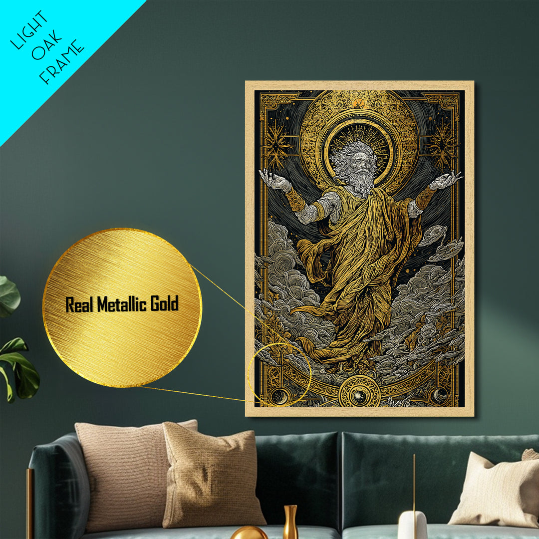 Metallic Gold Metal Print, Ancient God Ascension Art, Mythology Divine Figure Wall Decor, Celestial Power Artwork, Real Wood Frame