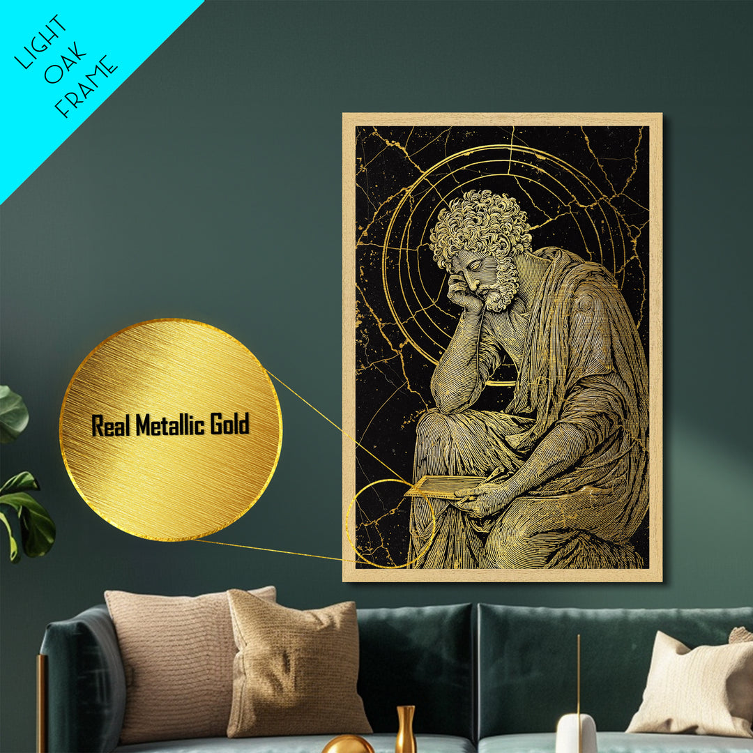 Metallic Gold Metal Print, Stoic Philosopher Sitting Art, Ancient Thinker Wall Decor, Roman Wisdom Artwork, Real Wood Frame