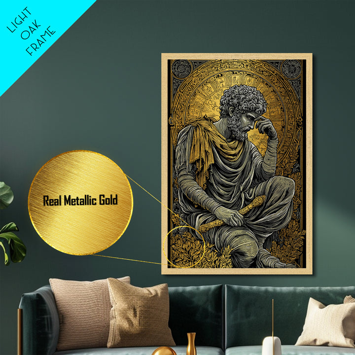 Metallic Gold Metal Print, Greek Philosopher Statue Art, Ancient Wisdom Wall Decor, Classical Thinker Artwork, Real Wood Frame