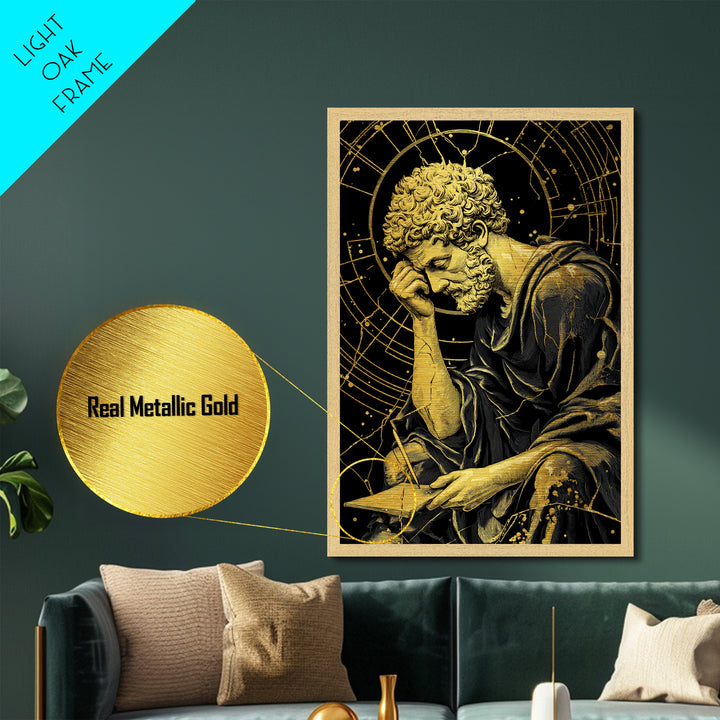 Metallic Gold Metal Print, Pensive Philosopher Study Art, Ancient Scholar Wall Decor, Roman Thinker Artwork, Real Wood Frame