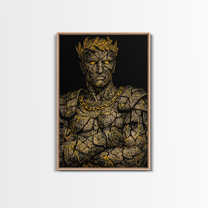 Roman Emperor Bust Canvas Gold Canvas Print, Mythology Wall Art, Regal Warrior Portrait, Classical Decor, Real Wood Frame