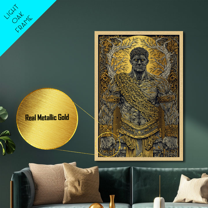 Roman Warrior Metallic Gold Metal Print, Ancient Strength Wall Art, Mythology Inspired Decor, Luxury Home Accent, Real Wood Frame