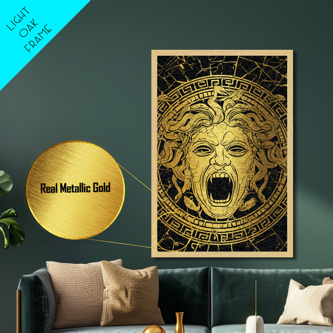 Medusa Head Metallic Gold Metal Print, Mythology Wall Art, Snake Hair Monster Decor, Greek Legend Artwork, Real Wood Frame