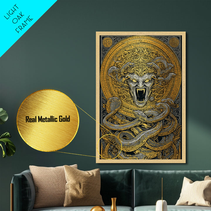 Medusa Serpent Metallic Gold Metal Print, Mythology Wall Art, Fierce Gorgon Decor, Greek Goddess Inspired Artwork, Real Wood Frame