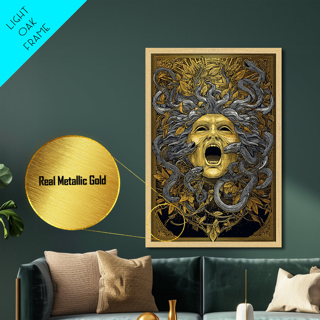 Medusa Mask Metallic Gold Metal Print, Snake Hair Wall Art, Mythology Decor, Greek Gorgon Artwork, Intricate Myth Print, Real Wood Frame
