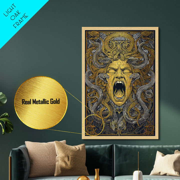 Medusa Snakes Metallic Gold Metal Print, Mythology Wall Art, Fierce Gorgon Decor, Ancient Greek Inspired Artwork, Real Wood Frame