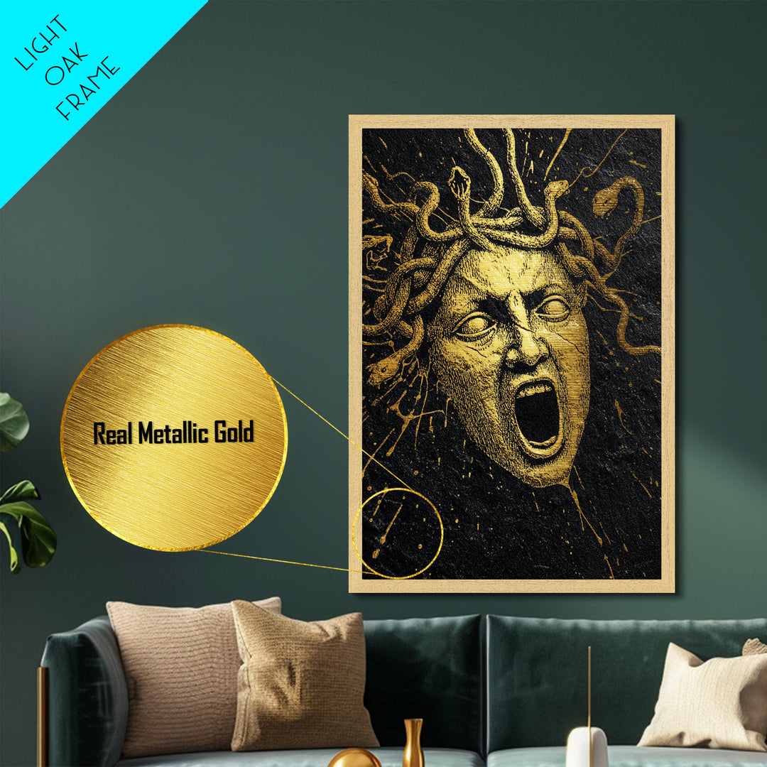 Medusa Face Metallic Gold Metal Print, Mythology Wall Art, Serpent Haired Gorgon Decor, Dark Fantasy Greek Artwork, Real Wood Frame