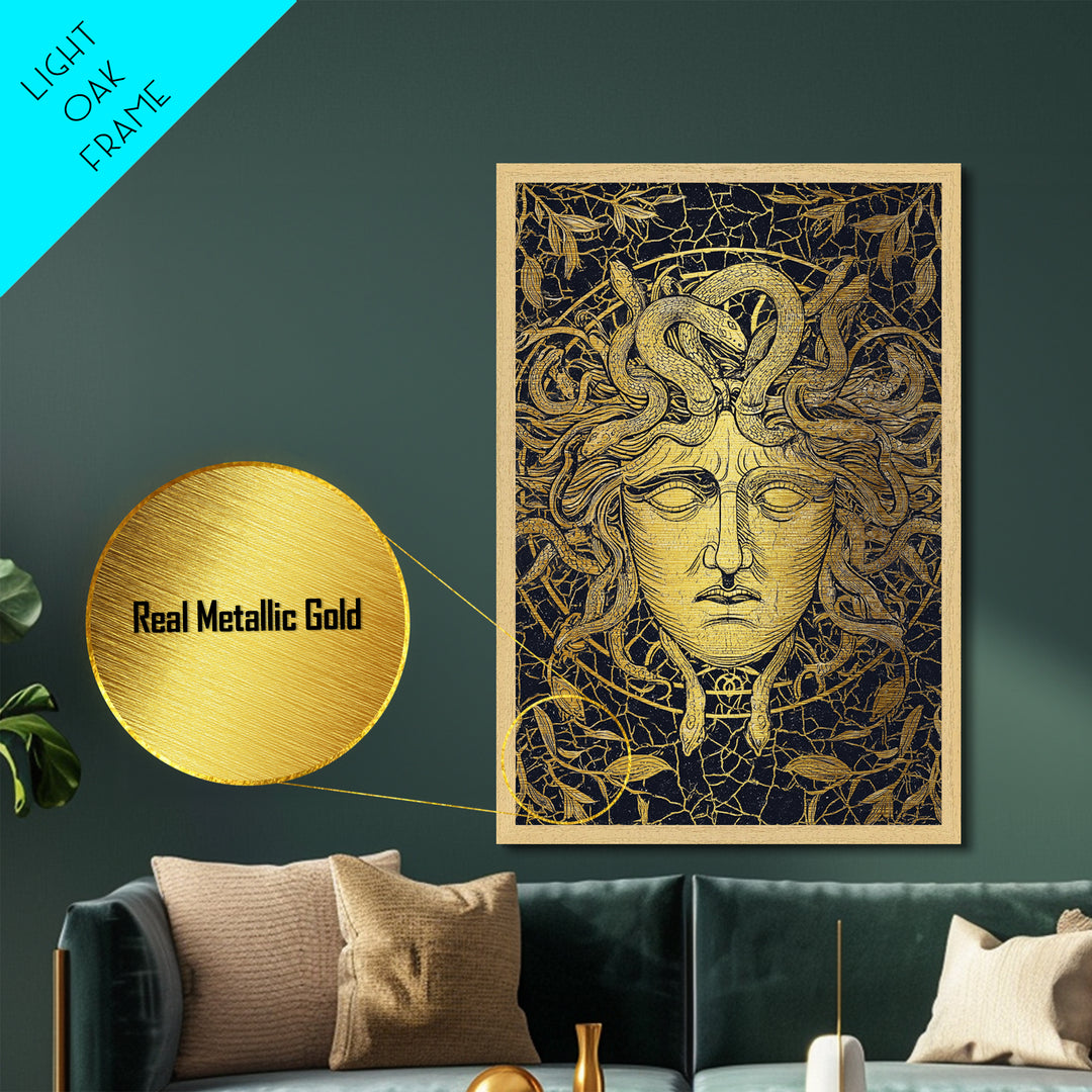 Medusa Head Metallic Gold Art, Mythology Wall Print, Snake Hair Decor, Fierce Ancient Greek Gorgon Artwork, Real Wood Frame