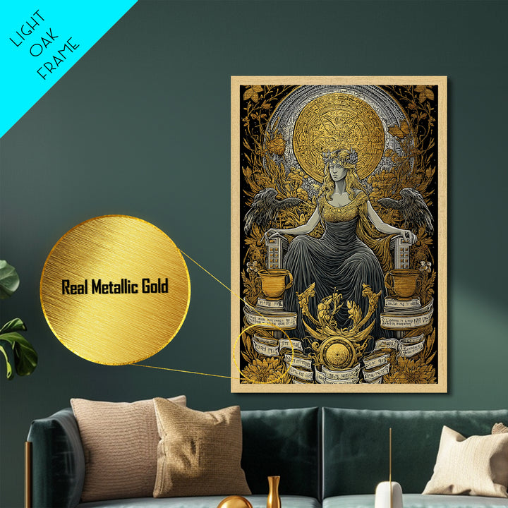 Goddess Throne Metallic Gold Metal Print, Mythology Wall Art, Divine Queen Decor, Ancient Inspired Spiritual Artwork, Real Wood Frame
