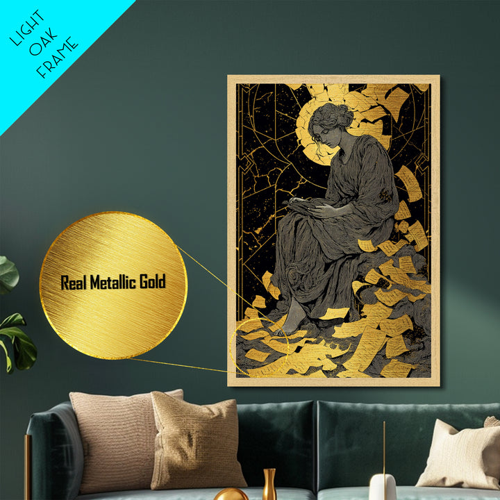 Roman Emperor Bust Metallic Gold Metal Print, Ancient Warrior Wall Art, Classical Statue Artwork, Mythology Inspired Real Wood Frame