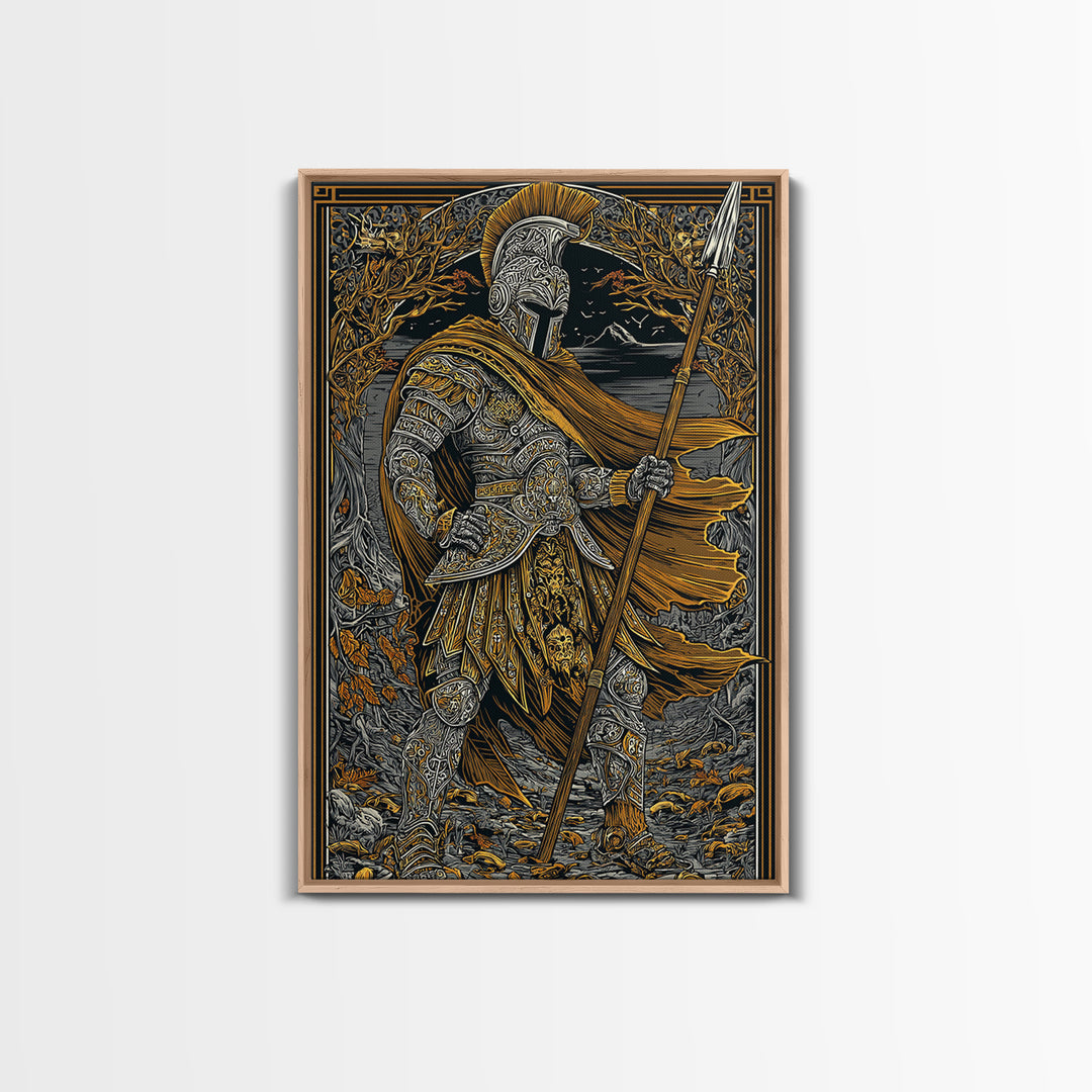 Ancient Hero Canvas Gold Canvas Print, Mythological Warrior Art, Classical Armor Wall Decor, Fantasy Epic Artwork Real Wood Frame