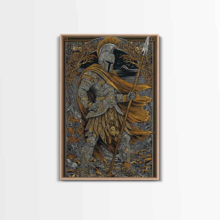 Ancient Hero Canvas Gold Canvas Print, Mythological Warrior Art, Classical Armor Wall Decor, Fantasy Epic Artwork Real Wood Frame