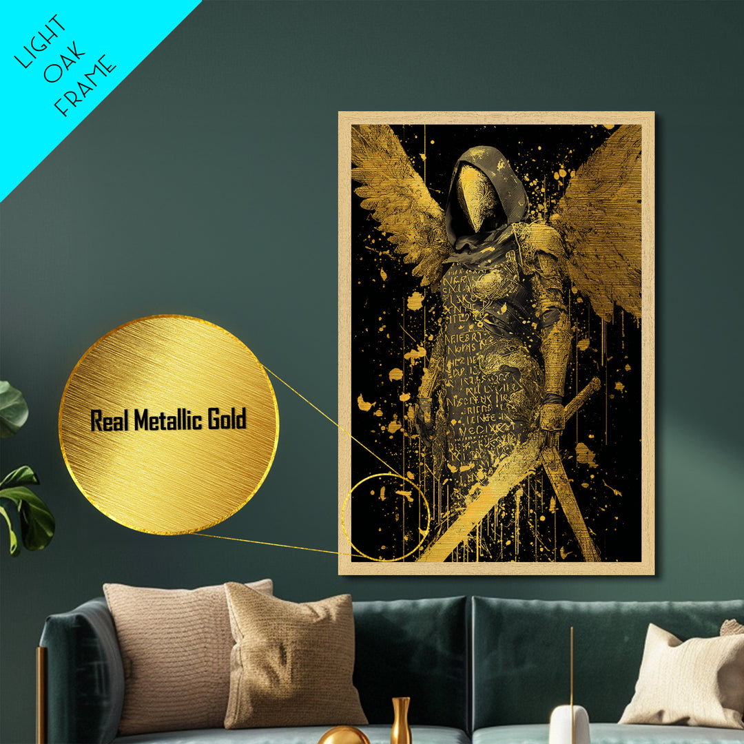 Medusa Serpent Head Metallic Gold Metal Print, Classical Myth Wall Art, Ancient Monster Artwork, Legendary Creature Decor Wood Frame