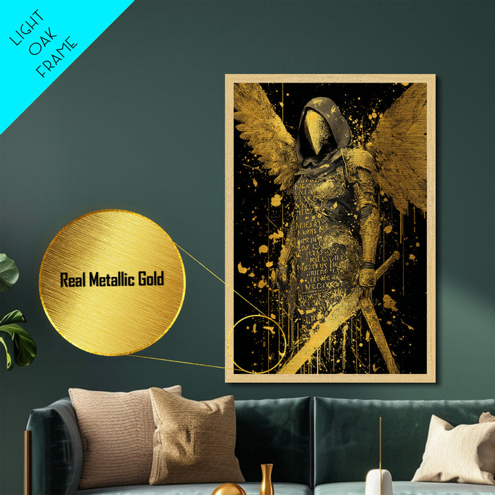 Medusa Serpent Head Metallic Gold Metal Print, Classical Myth Wall Art, Ancient Monster Artwork, Legendary Creature Decor Wood Frame