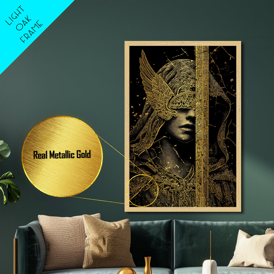 Medusa Mythical Creature Metallic Gold Metal Print, Ancient Serpent Goddess Art, Classical Monster Wall Decor Real Wood Frame