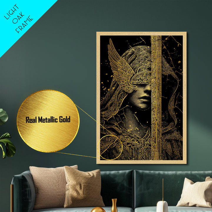 Medusa Mythical Creature Metallic Gold Metal Print, Ancient Serpent Goddess Art, Classical Monster Wall Decor Real Wood Frame
