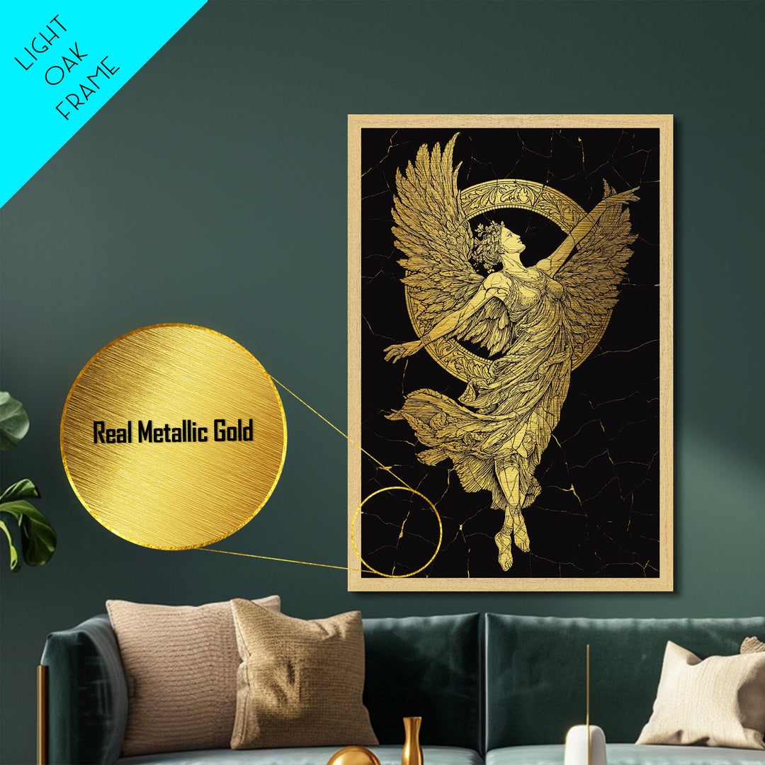 Victory Goddess Nike Metallic Gold Metal Print, Mythology Inspired Wall Art, Real Wood Frame, Luxury Ancient Greek Decor