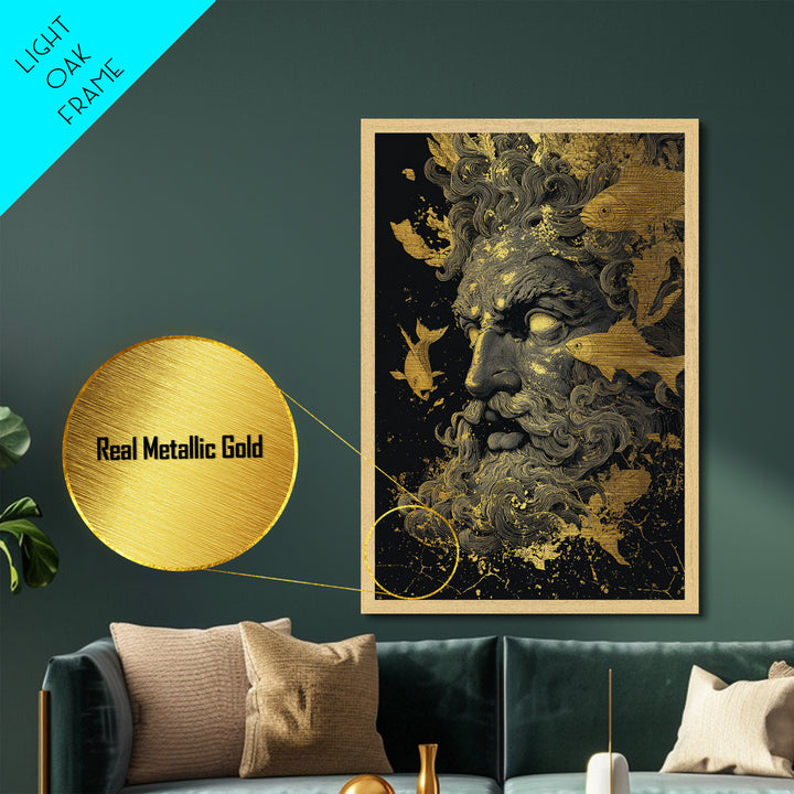 Ocean God Oceanus Metallic Gold Metal Print, Greek Mythology Sea Deity Art, Real Wood Frame, Elegant Nautical Wall Decor