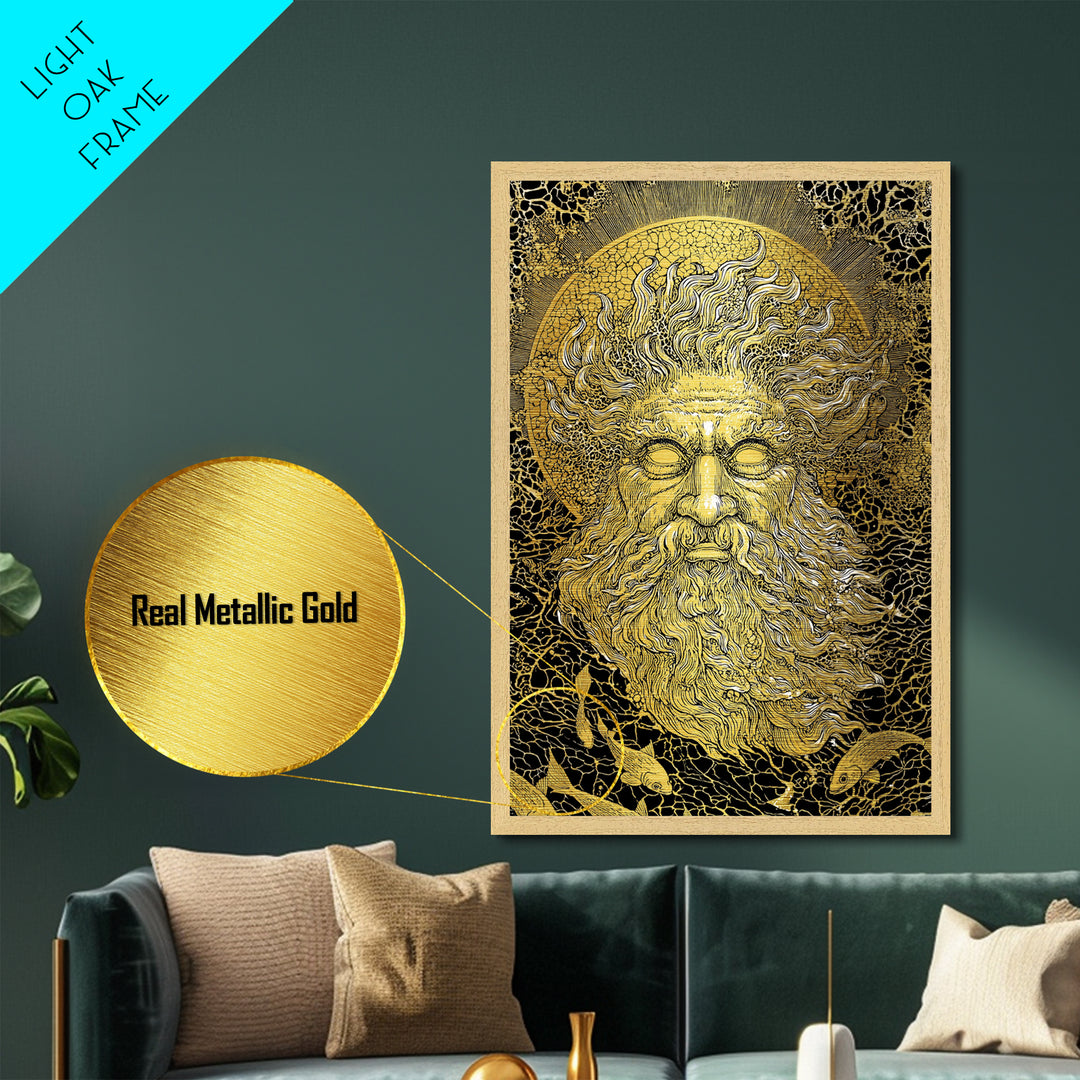 Ancient Sea God Oceanus Metallic Gold Art, Mythological Wall Print, Real Wood Frame, Classical Maritime Inspired Home Decor