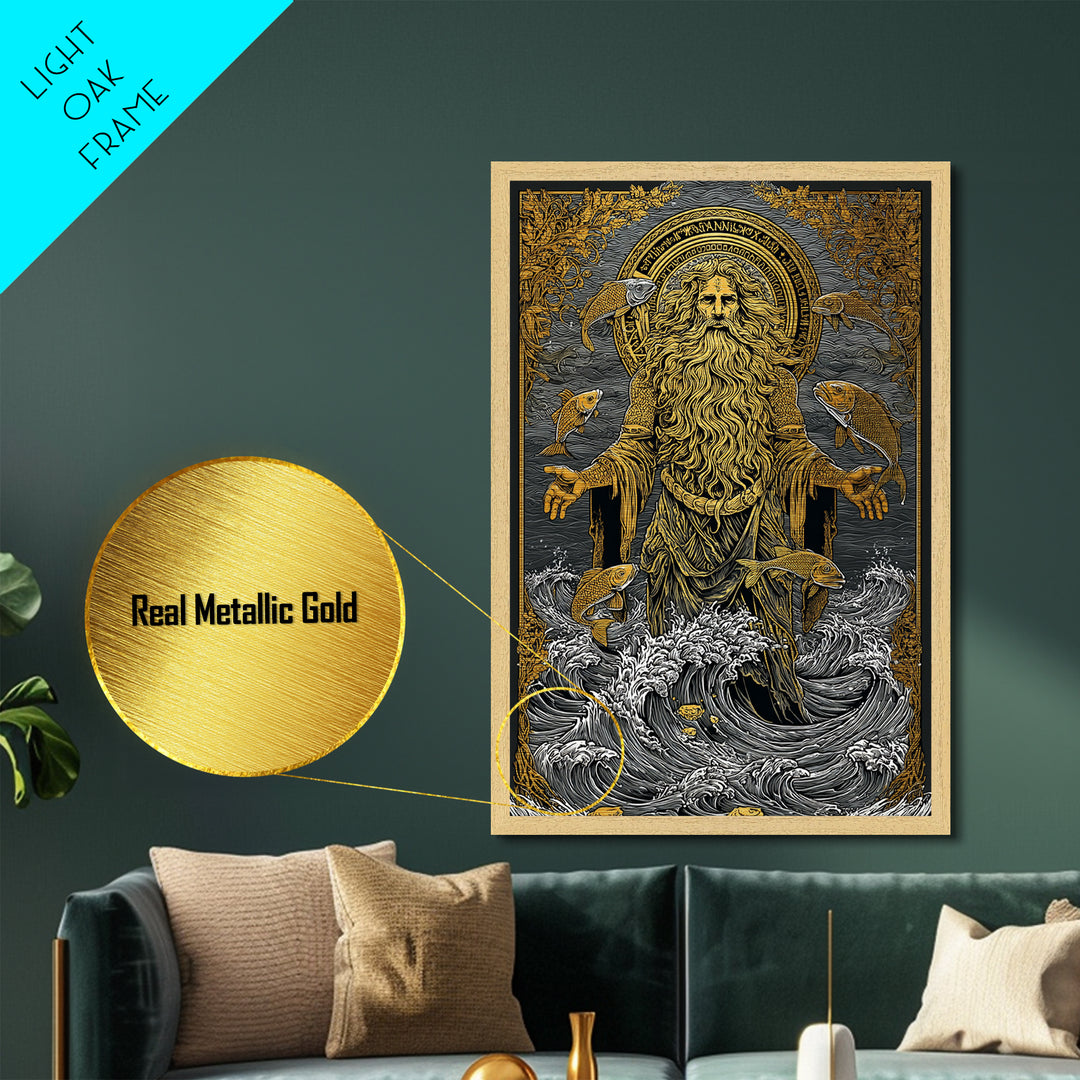 Powerful Titan Oceanus Metallic Gold Metal Print, Greek Mythology Wall Art, Real Wood Frame, Luxury Ocean Inspired Home Accent