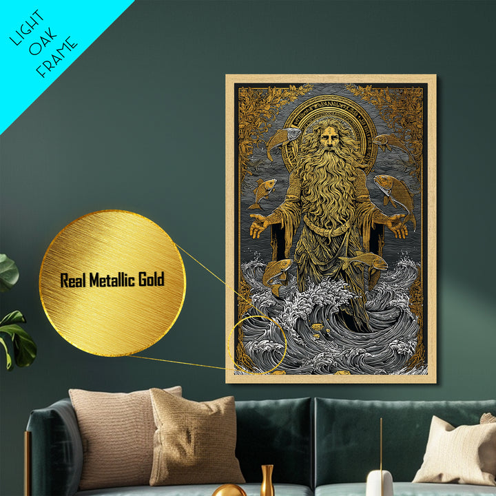Powerful Titan Oceanus Metallic Gold Metal Print, Greek Mythology Wall Art, Real Wood Frame, Luxury Ocean Inspired Home Accent