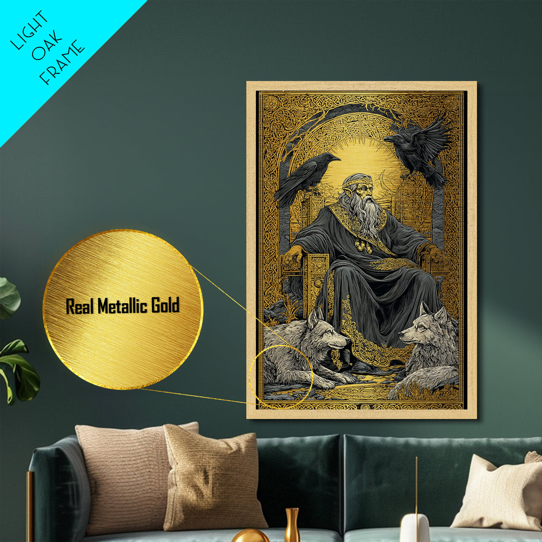 Odin Allfather Metallic Gold Metal Print, Viking Mythology Wall Art, Real Wood Frame, Norse Legend Inspired Decor For Home