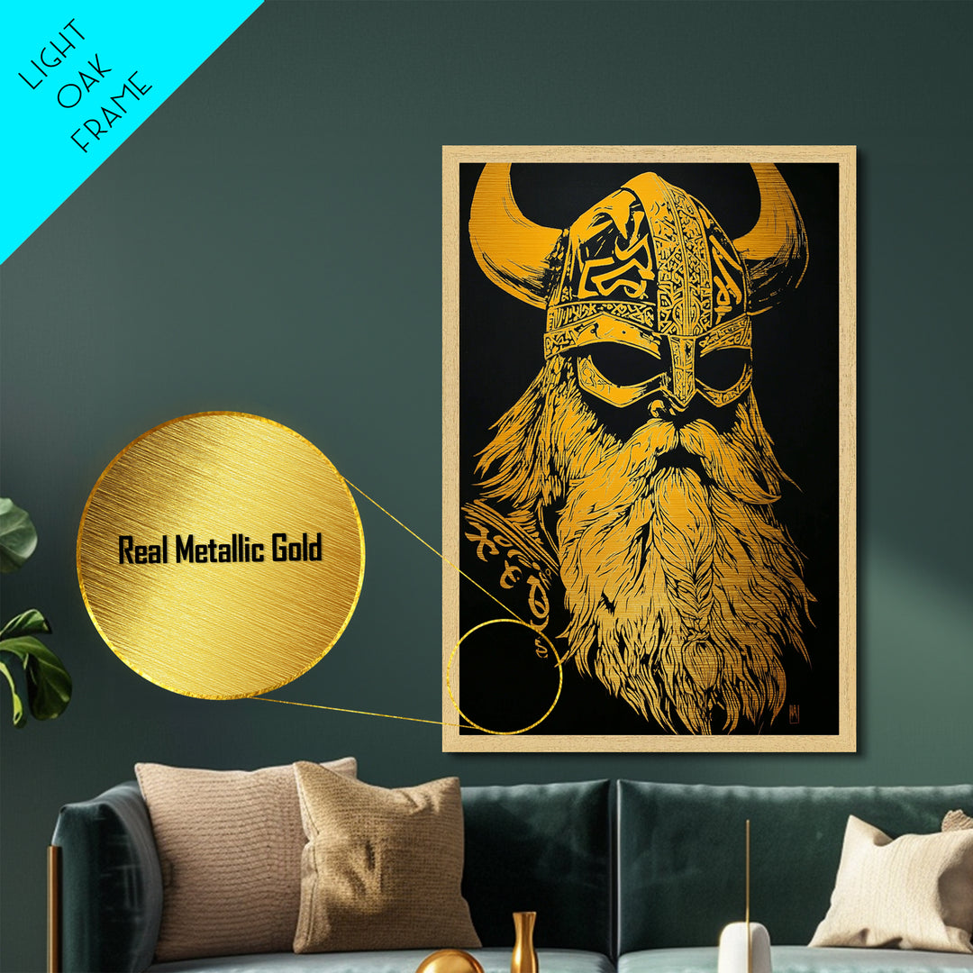 Norse Mythology Odin Metallic Gold Art, Viking Warrior God Metal Print, Real Wood Frame, Ancient Scandinavian Wall Decoration